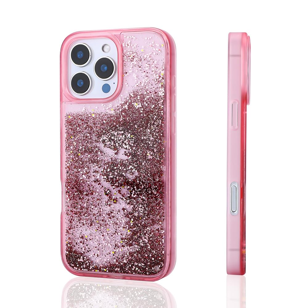 Zore Apple için uyumlu iPhone 15 Pro Max Kılıf Sıvılı Simli Şeffaf Arka Yüzey Zore Keto Silikon Kapak Pembe