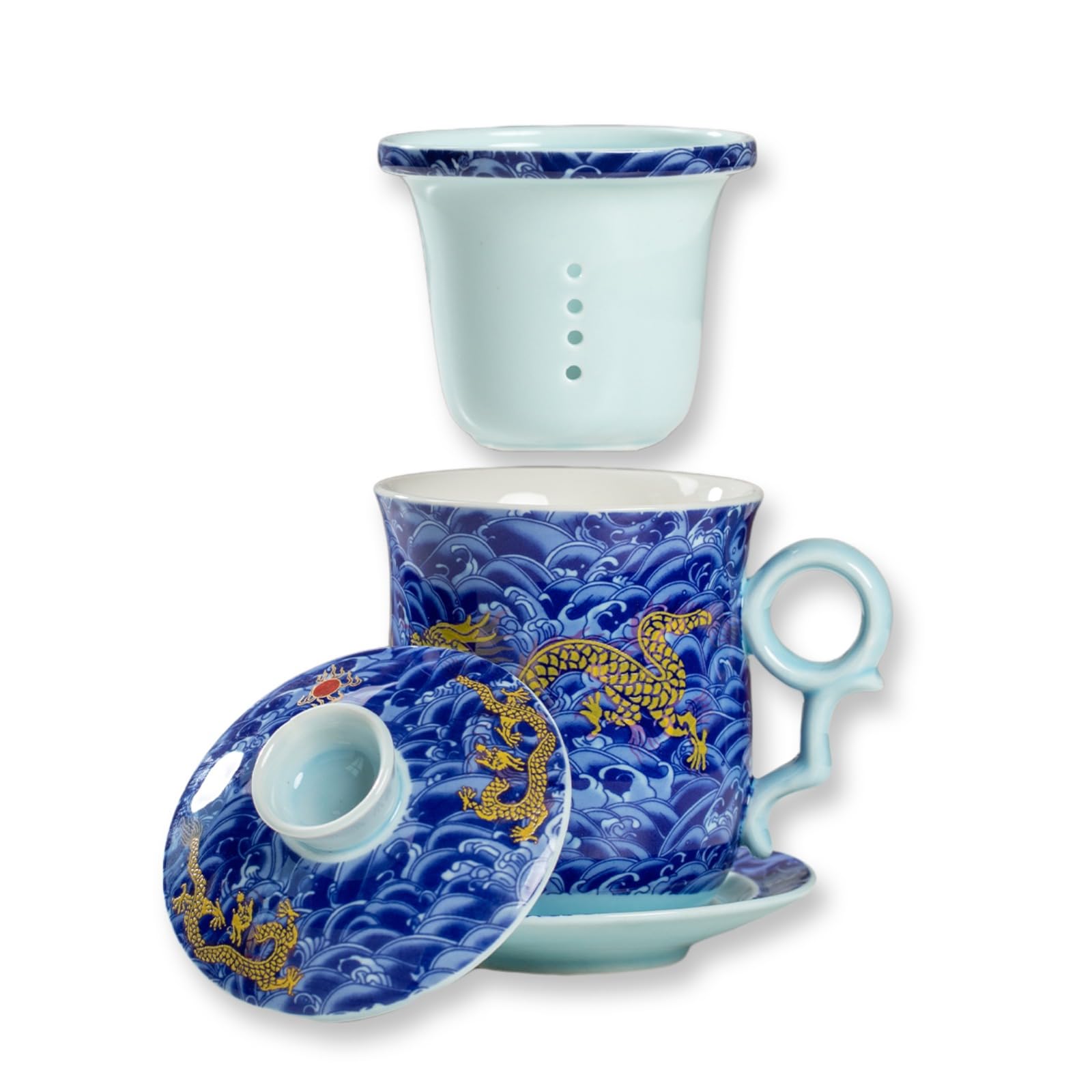 Teacups with filters and lids, mugs, made of ceramics, about 350ml, can be used for tea, coffee, boiling water and other drinks. It is beautiful and practical. (Blue Golden Dragon Four-piece Cup 303)