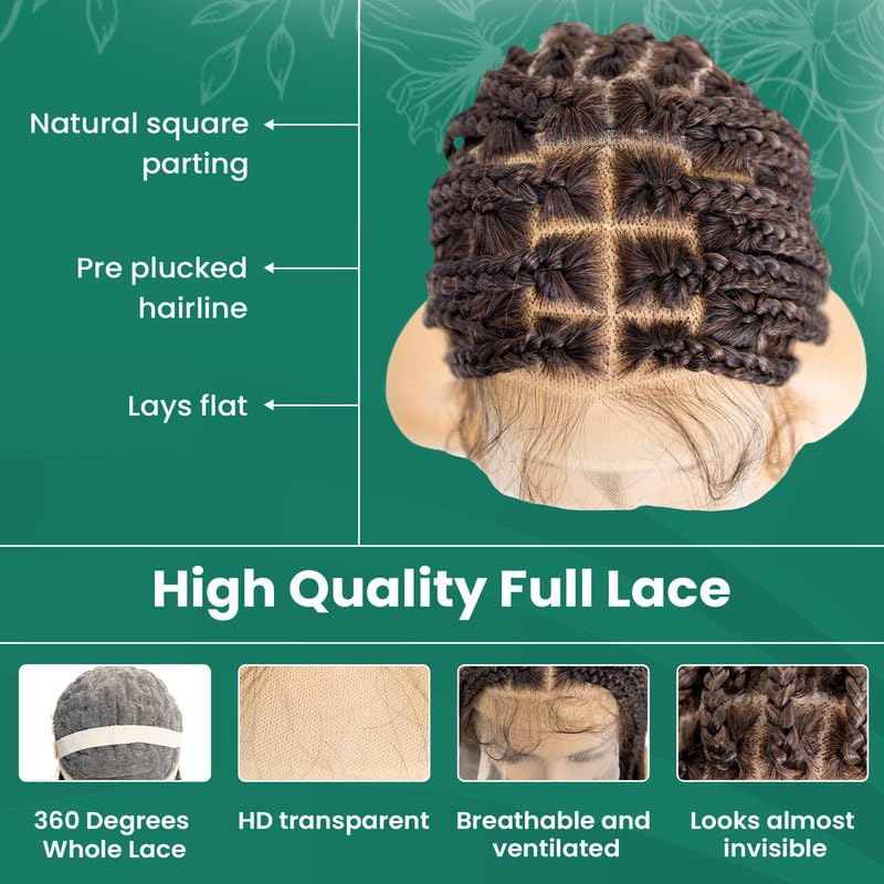Miniatura 4 de PIB - Peluca trenzada de encaje completo sin nudos de 24 pulgadas, pelucas trenzadas cuadradas para mujeres negras con abuelitos naturales (1B30,
