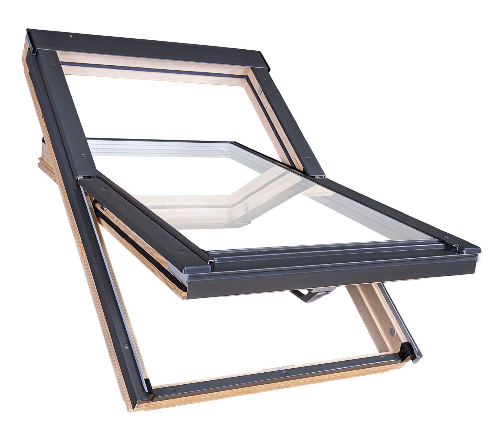 Kit Fenêtre de Toit compatible Groupe FAKRO | Fenêtre de toit bois 114 x 118 cm | Fenêtre pivotante triple vitrage, économe en énergie | Raccord tuiles jusqu’à 45 mm + Kit isolation