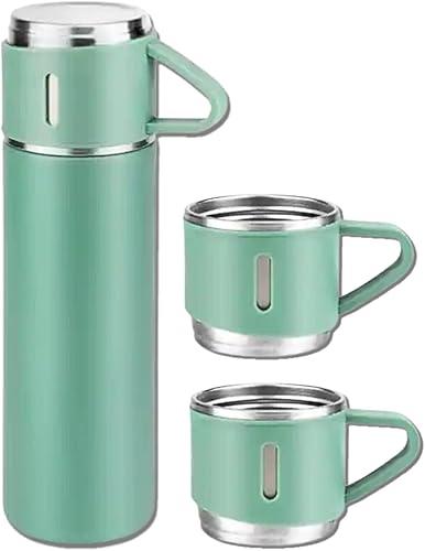 Miniatura 1 de Green Vacuum Flask Set  Botella de agua aislada con 3 tazas de regalo  Botella térmica para bebidas frías y calientes, botellas de agua