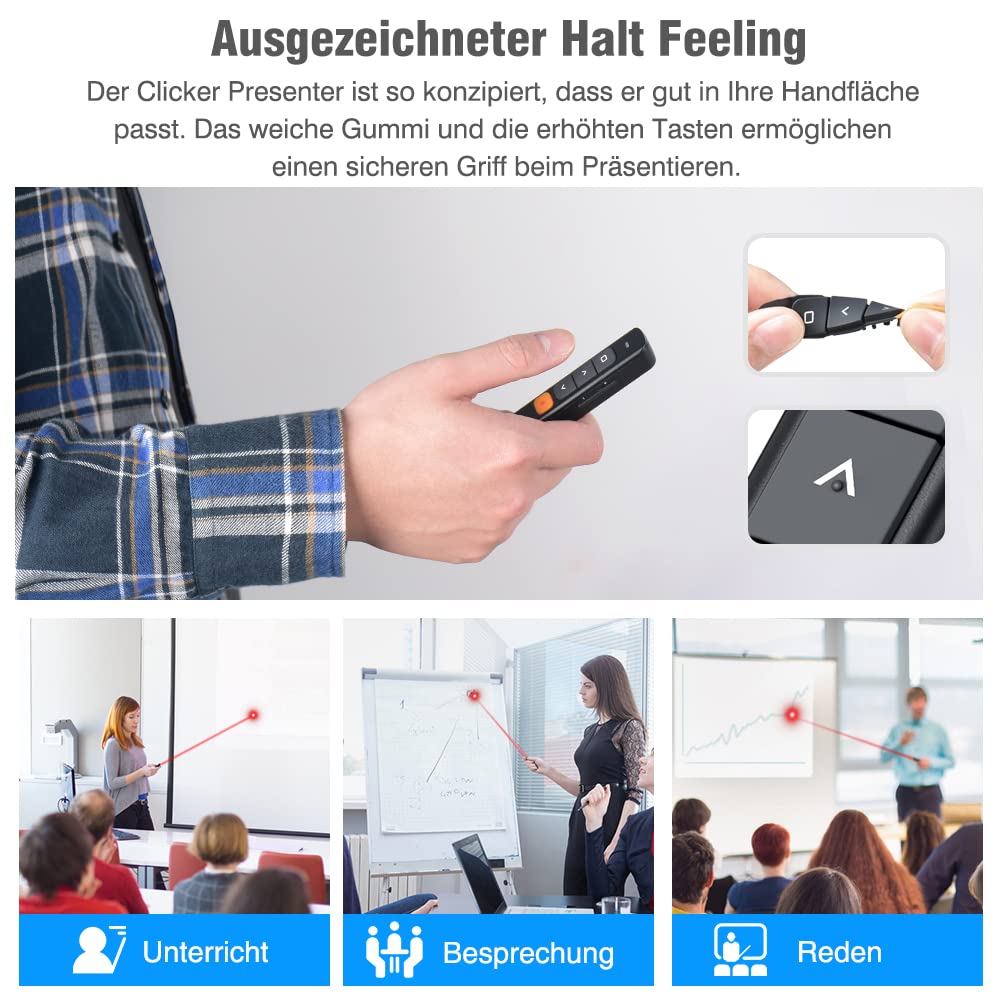 USB C Presenter für Mac, 2.4 GHz Wireless Presenter Verbindung via Typ C und USB Empfänger, Powerpoint Fernbedienung mit Stiftclip, Präsentationsfernbedienung für Windows,Mac IOS,Android,Vista,Linux