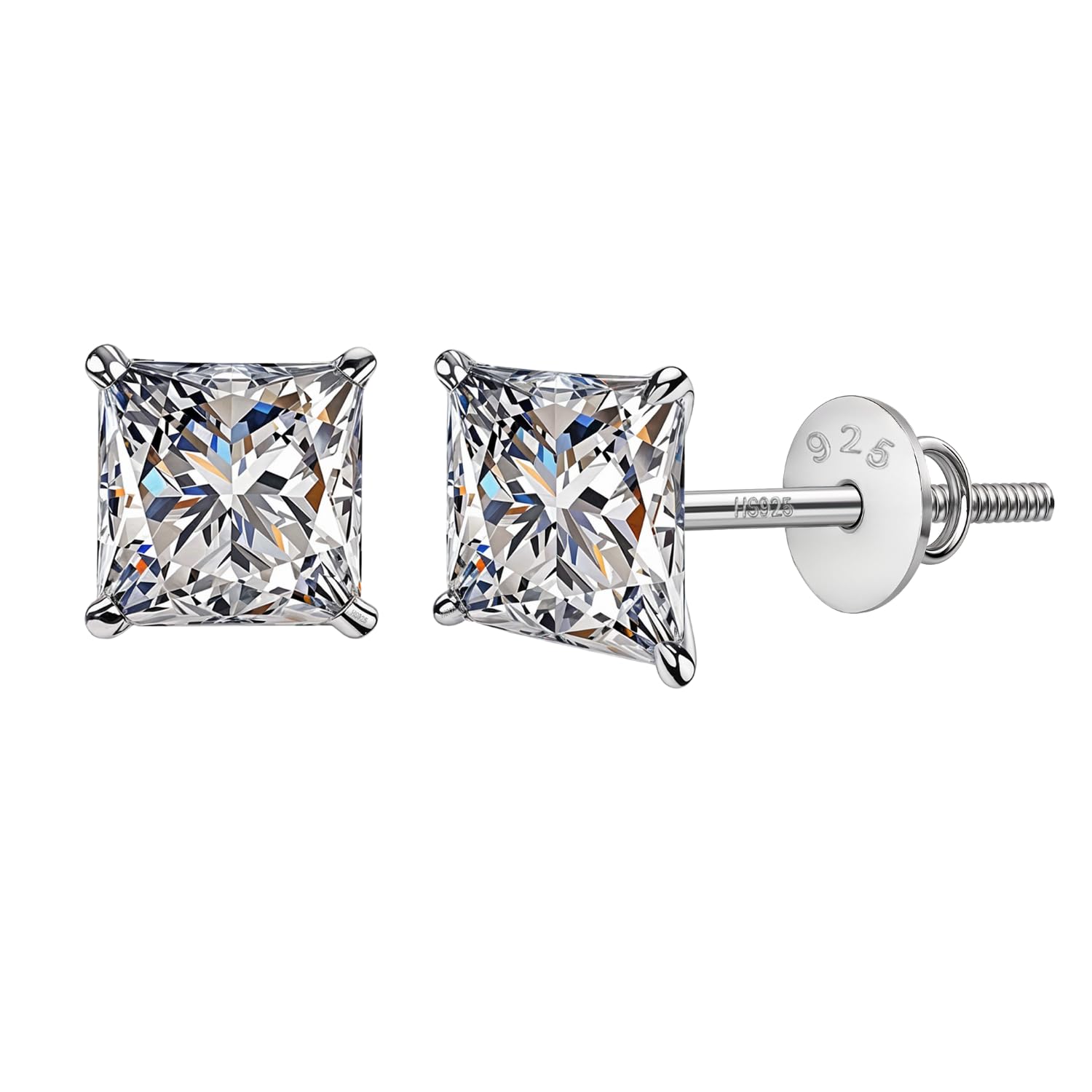 925 Silver Solitaire Screwback Stud Earrings | 92.5 Sterling Silver & Square Princess Cut Brilliant Zirconia Tops for Men, Women, Boys and Girls