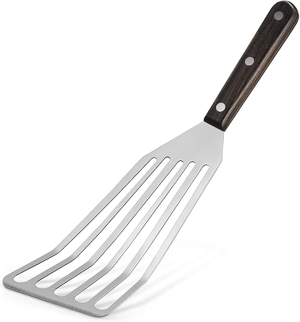 TENTA TENTA KITCHEN Stainless Steel Fish Spatula with Wooden Handle Slotted Turner BBQ Fry Turner for Cooking Fish/Meat/Dumpling/Barbecue(12.6x 3.4)