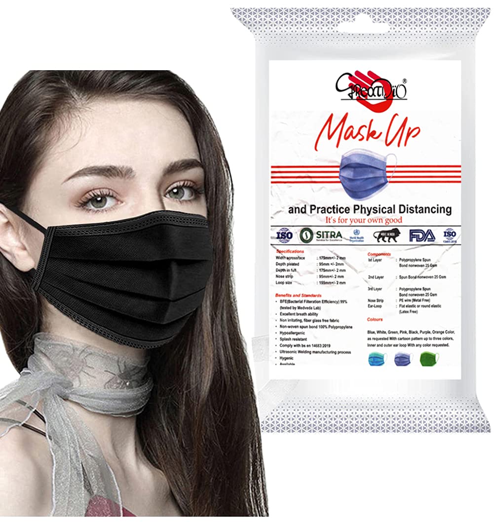 GreatDio® 3 Layer (1700 Pcs Packed) Disposable Protective Face Masks, Bacterial Filtration Efficiency (BFE) ?96.5%,Particle Filtration Efficiency (PEE)?96.5%|Inbuilt Adjustable Nose Pin (Black)