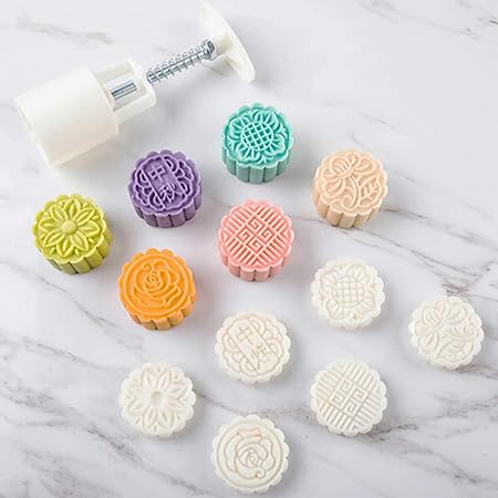 ZUNTENG Mooncake Press Molds,Mid Autumn Festival Mooncake Mold Set 50g Flower Moon Cake Mold with 6Pcs Stamps (White)