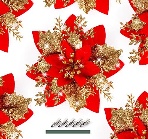 HOUISM Christmas Poinsettia Flowers Red Gold, 20PCS Artificial Glitter Christmas Flowers Ornaments for Xmas Tree Wreath Garland Wedding Holiday Winter Decorations with 16pcs Stems and Clips