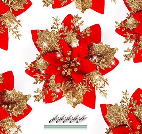 Flores de Pascua de Navidad, oro rosa, 20 piezas de adornos artificiales de Navidad con purpurina para árbol de Navidad, vacaciones, decoraciones de invierno con 16 tallos y clips Cover
