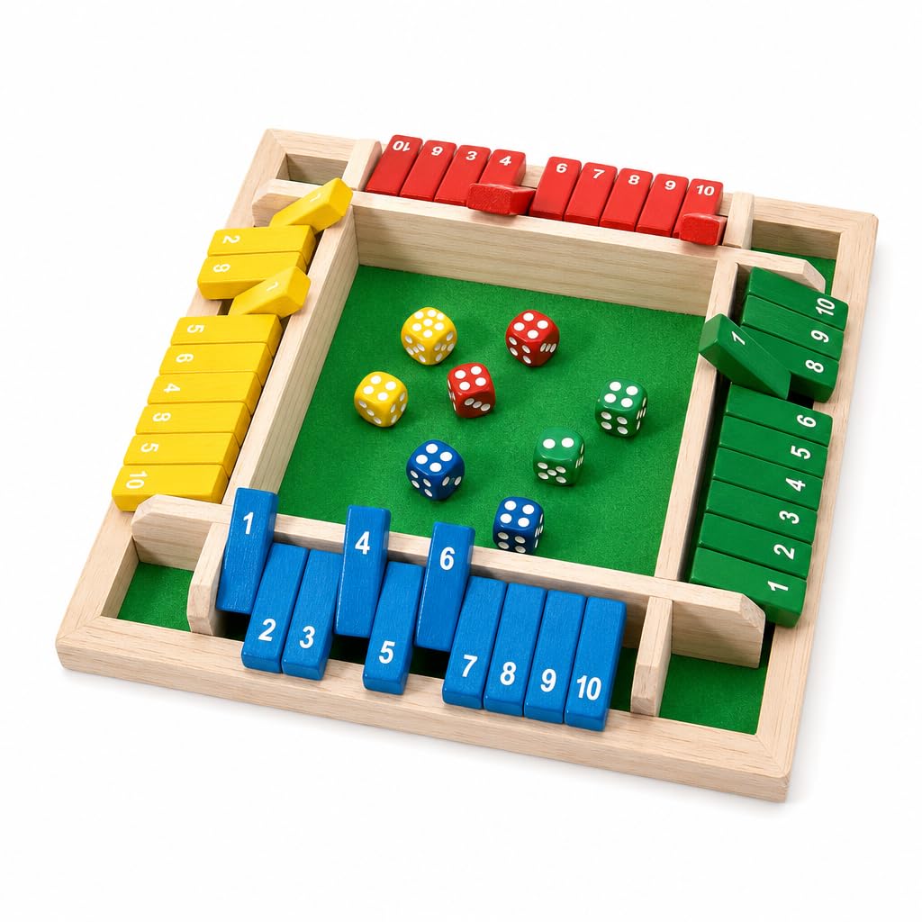 Shut The Box Game 4 Player, Wooden Dice Board Game, Family Entertainment