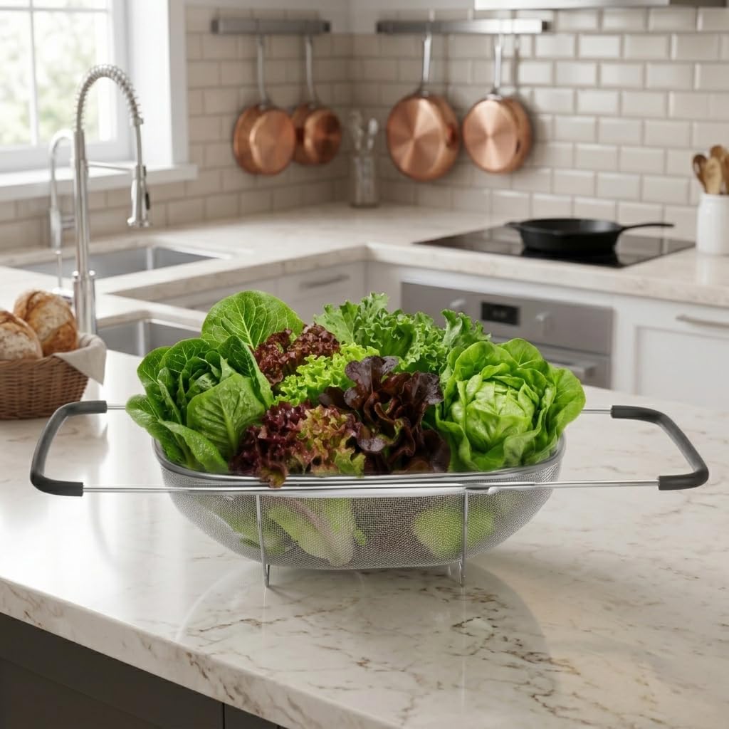 MGE - Scolapasta Acciaio Inox Maglia Fine - Colino Acciaio Inox Maglia Fine - Colino Cucina - Scolapasta con Manico, Filtro per Pasta, Riso, Verdura - Scola Pasta da Cucina Acciaio Inox - 34 x 24 cm