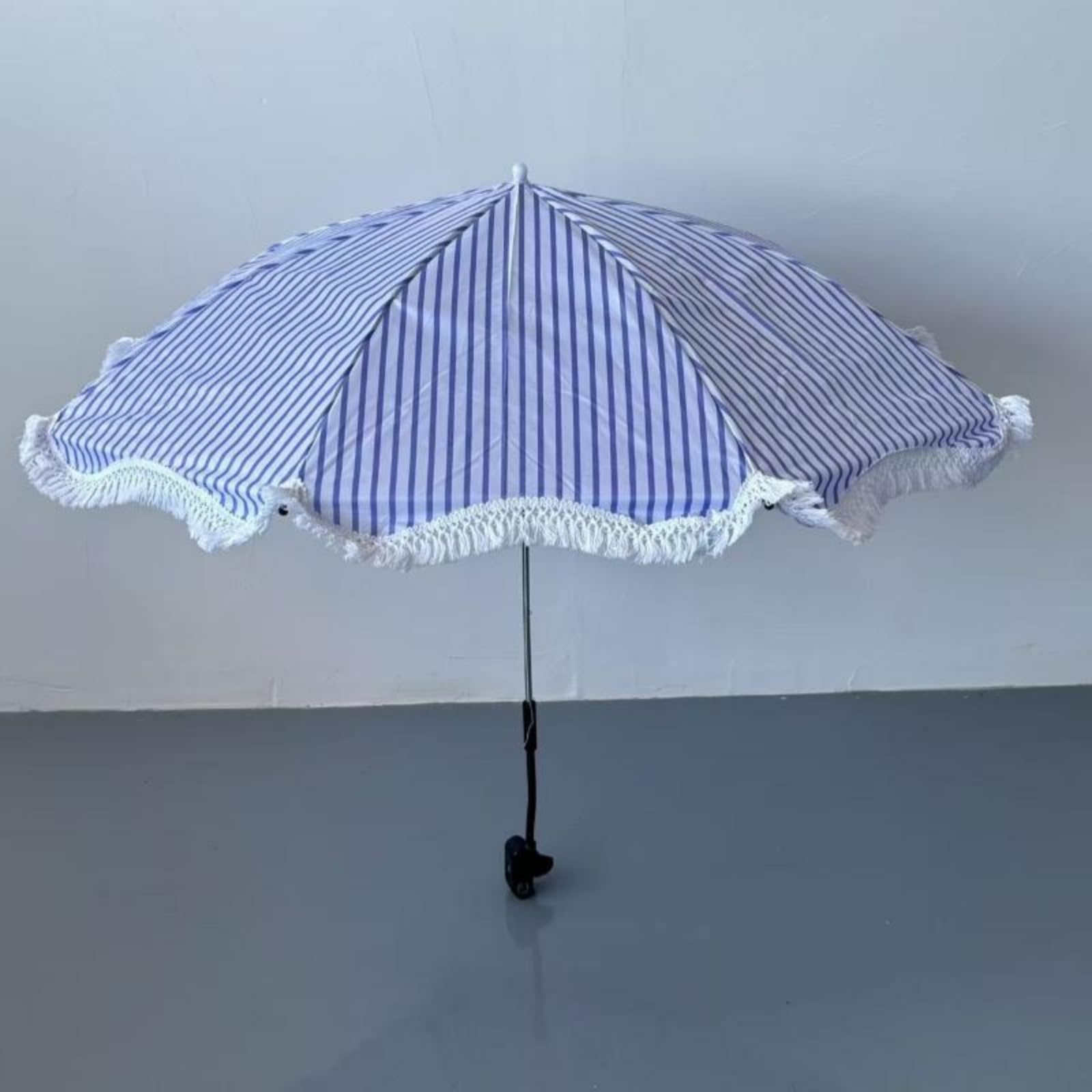 Colcolo Strand Sonnenschirm Klemmschirm Ampelschirm Schattenspender Schirm mit Fransen Tragbar Stabil mit Schraubhalter für Gartenstuhl Patio Balkon See Strand Geeignet, Blau-Weiß Gestreift