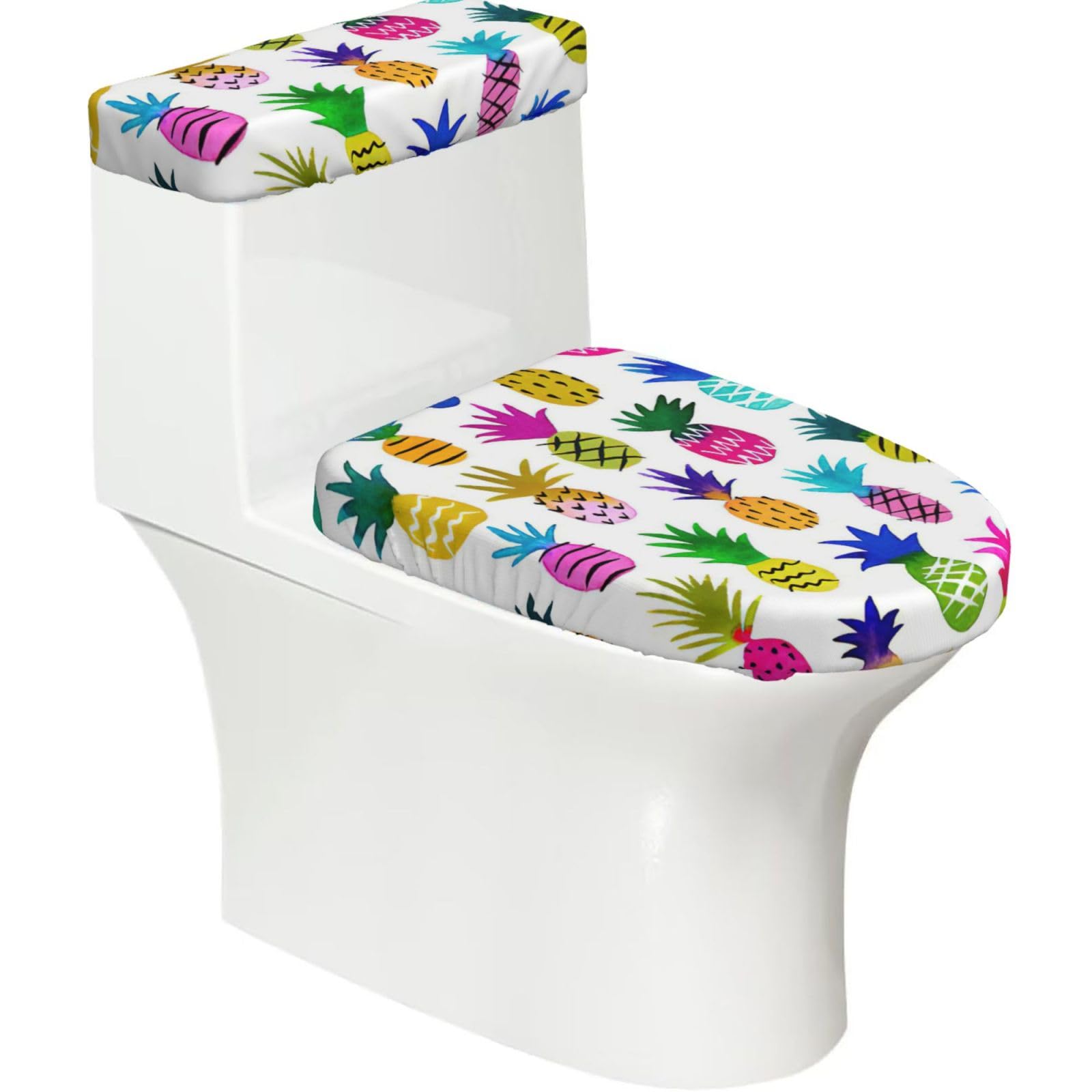 Rainbow Pineapple Print Stretch Toilet Covers Set, Polyester Covers Replacement For Fits Most Size Lids Bathroom Decor