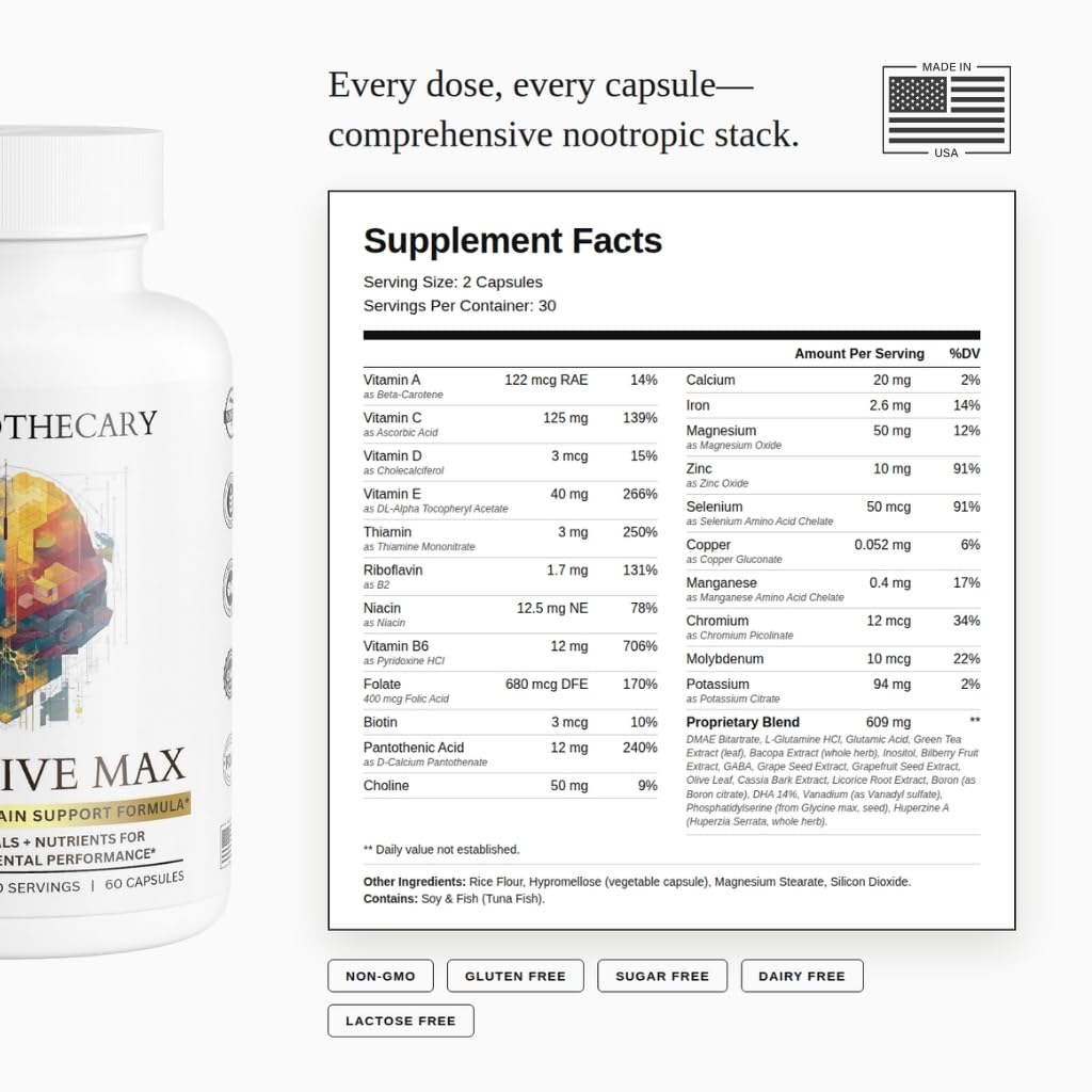 Cognitive Max Dear Apothecary Nootropic Brain Supplement - Focus Memory Clarity Energy Concentration, DMAE Bacopa Phosphatidylserine Huperzine A, Non-GMO Gluten Free, 60 Count — Amazon image 3