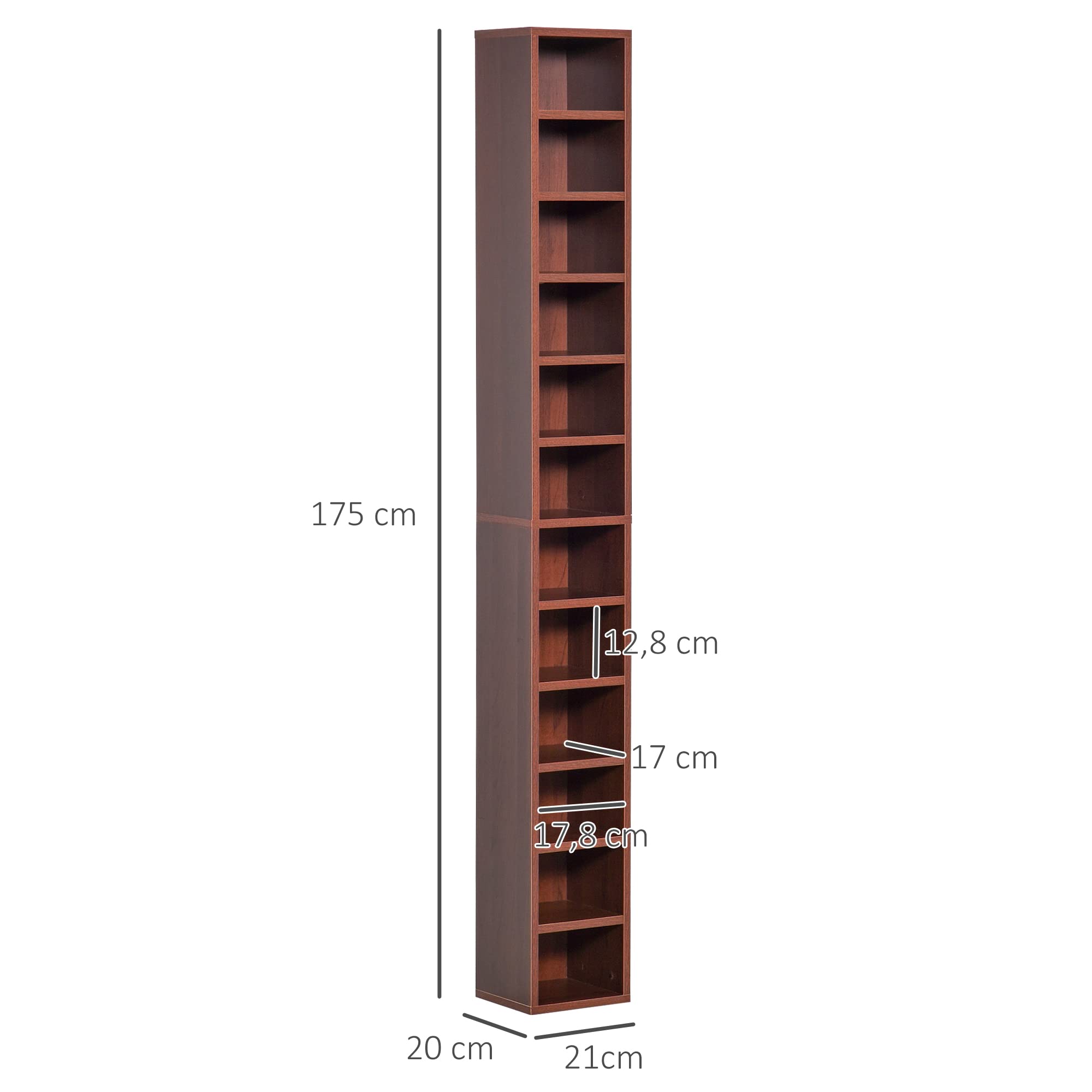 Estantería columna armario de almacenamiento CD-DVD 12 compartimentos 21L X 20L X 175H cm capacidad max. 204 CD Stratis nogal oscuro