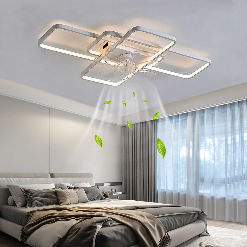 JOJOM Nowoczesna lampa sufitowa z wentylatorem LED Ściemnialna prostokątna lampa sufitowa Metalowe oświetlenie akrylowe Pokój dzienny Sypialnia Kuchnia Oświetlenie biurowe, z pilotem zdalnego sterowan
