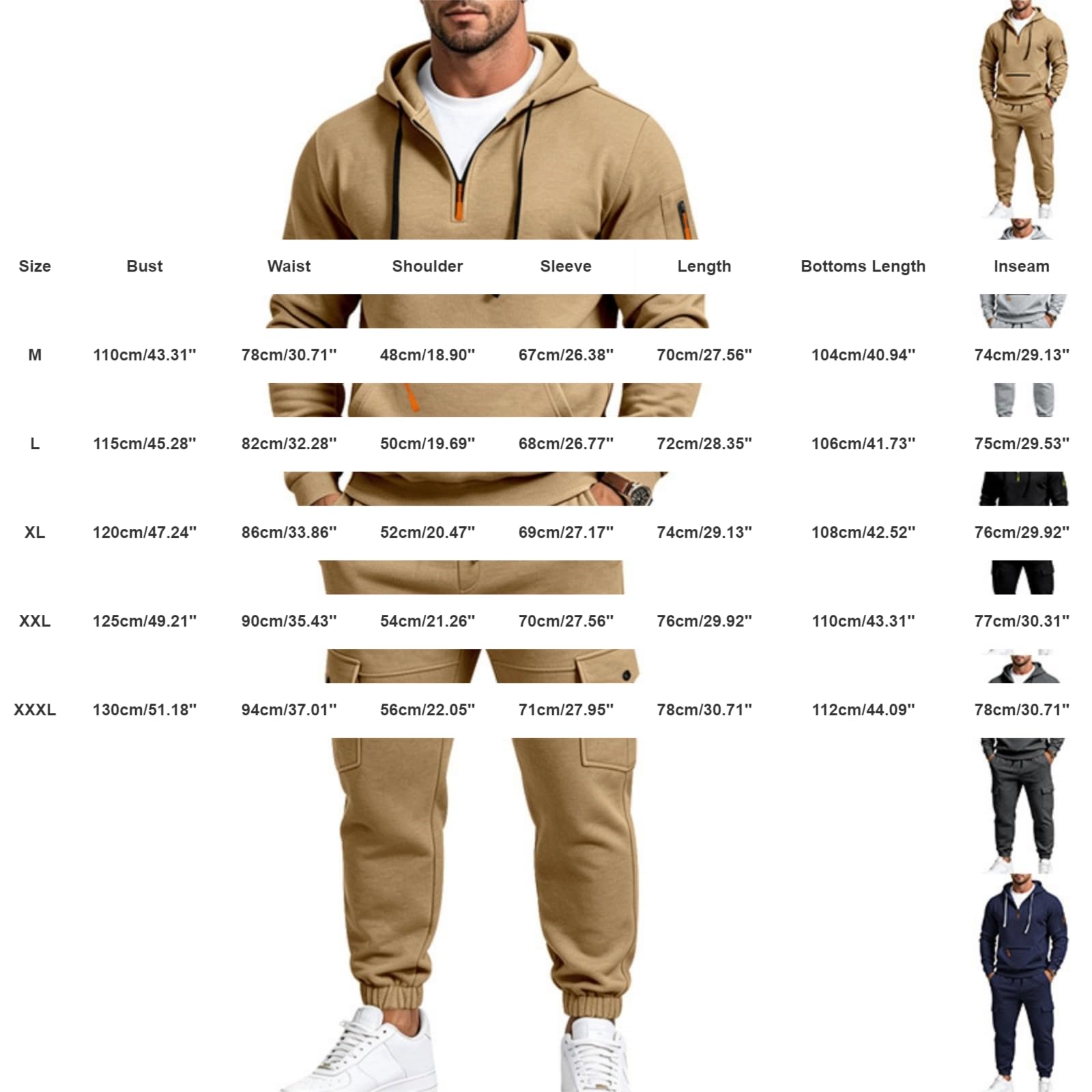 Tuta da uomo con cappuccio e pantaloni della tuta cargo con mezza zip