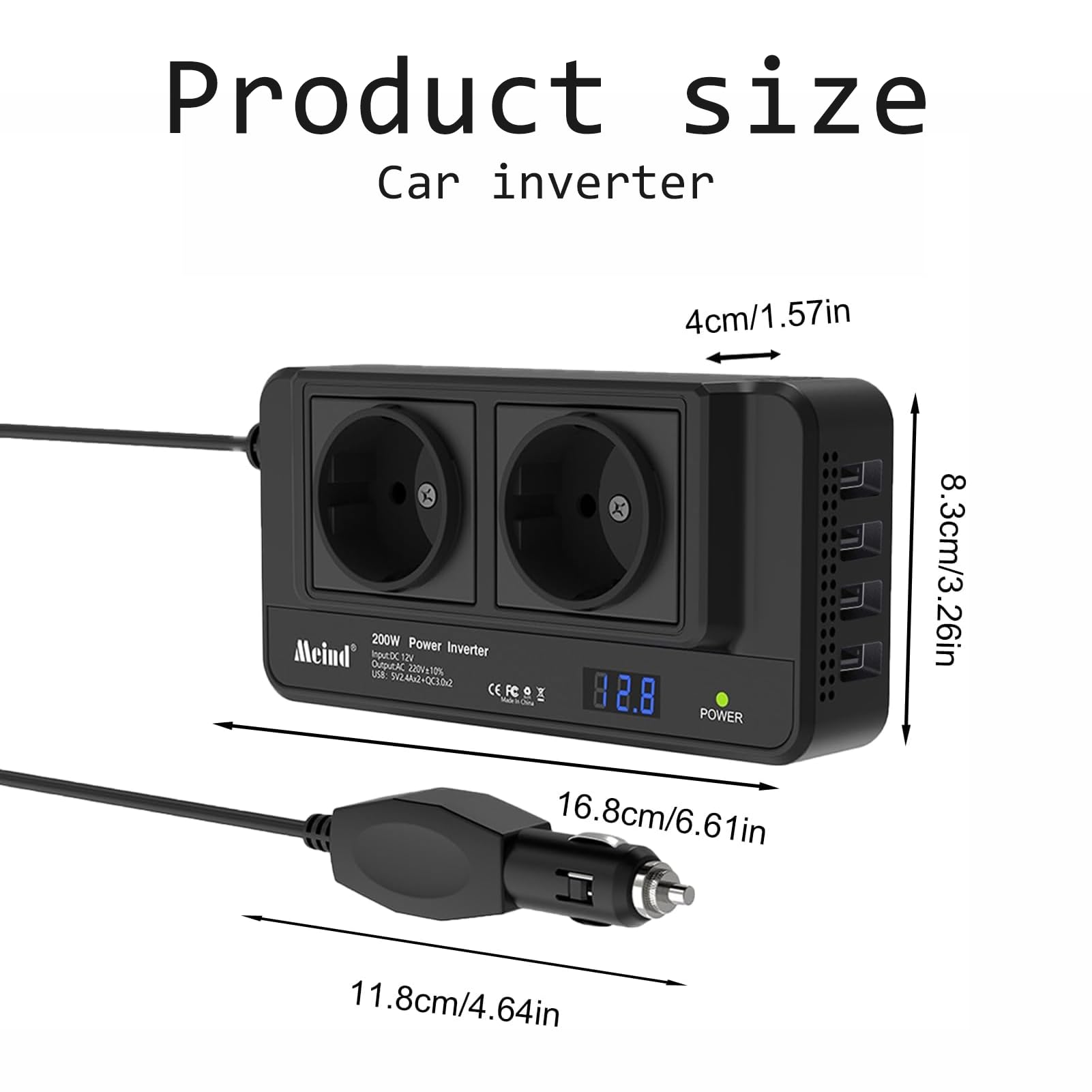 Samochodowa przetwornica przetwornica napięcia 200 W, 12 V na 230 V, czysta sinusoidalna, 2 gniazda EU AC, 4 porty USB i wtyczka do zapalniczki