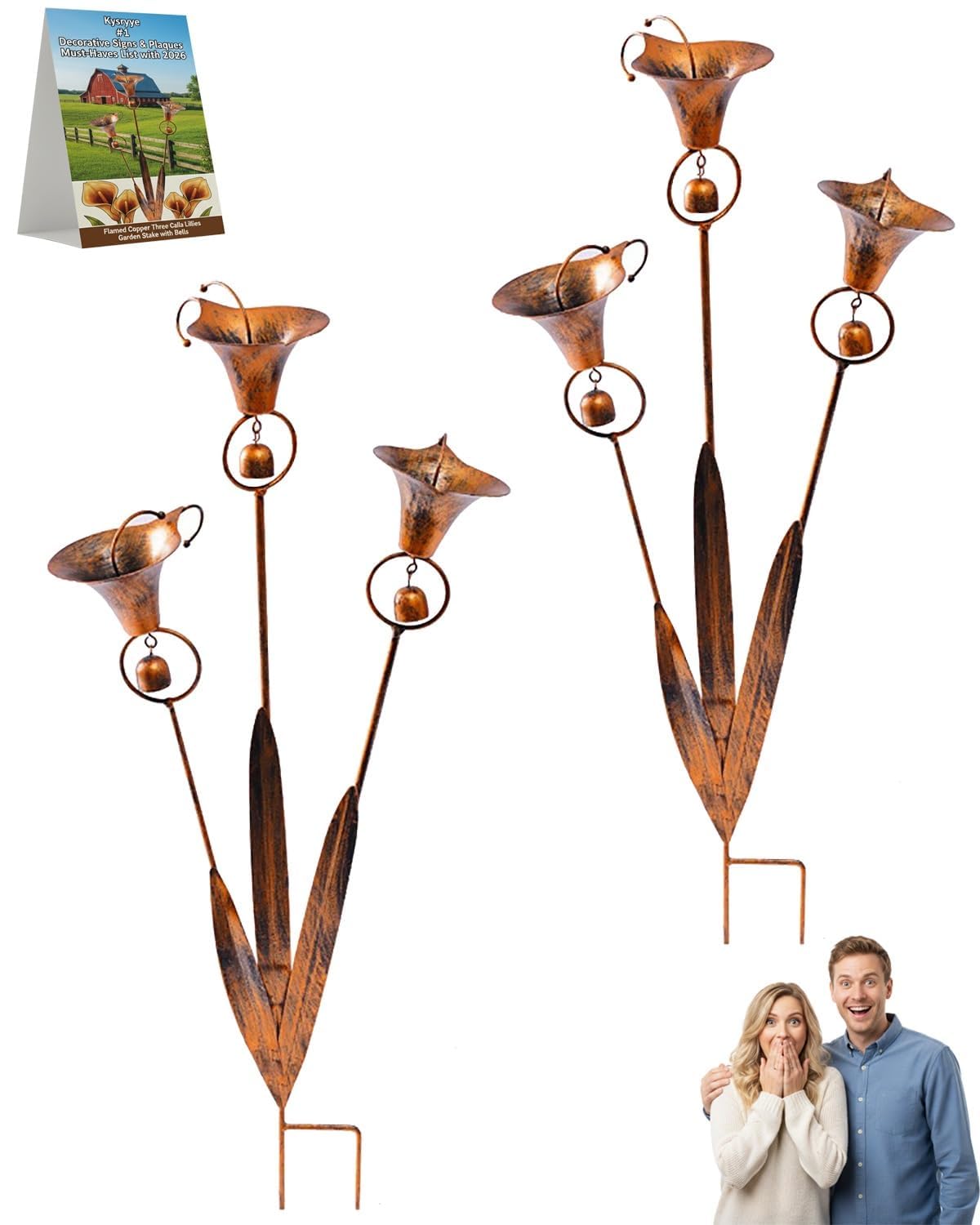2026 Flammende Kupfer Drei Calla-Lilien Gartenstecker mit Glocken, Regenfänger Blume Handgefertigt 61cm Große Verspielte Metall Pflanzenskulptur Hof Kunst Dekor, Rustikales Windspiel Ornament Geschenk