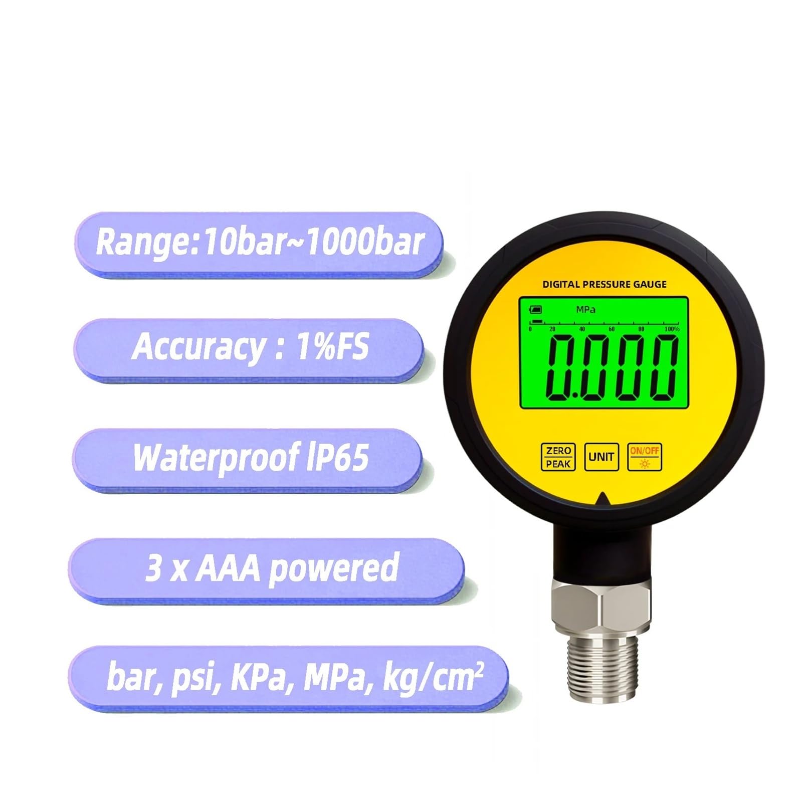 Manómetro, Protector de goma Digital, medidor vacío inoxidable resistente al agua, manómetro, calibrador presión(NPT1-2,0-100MPa)
