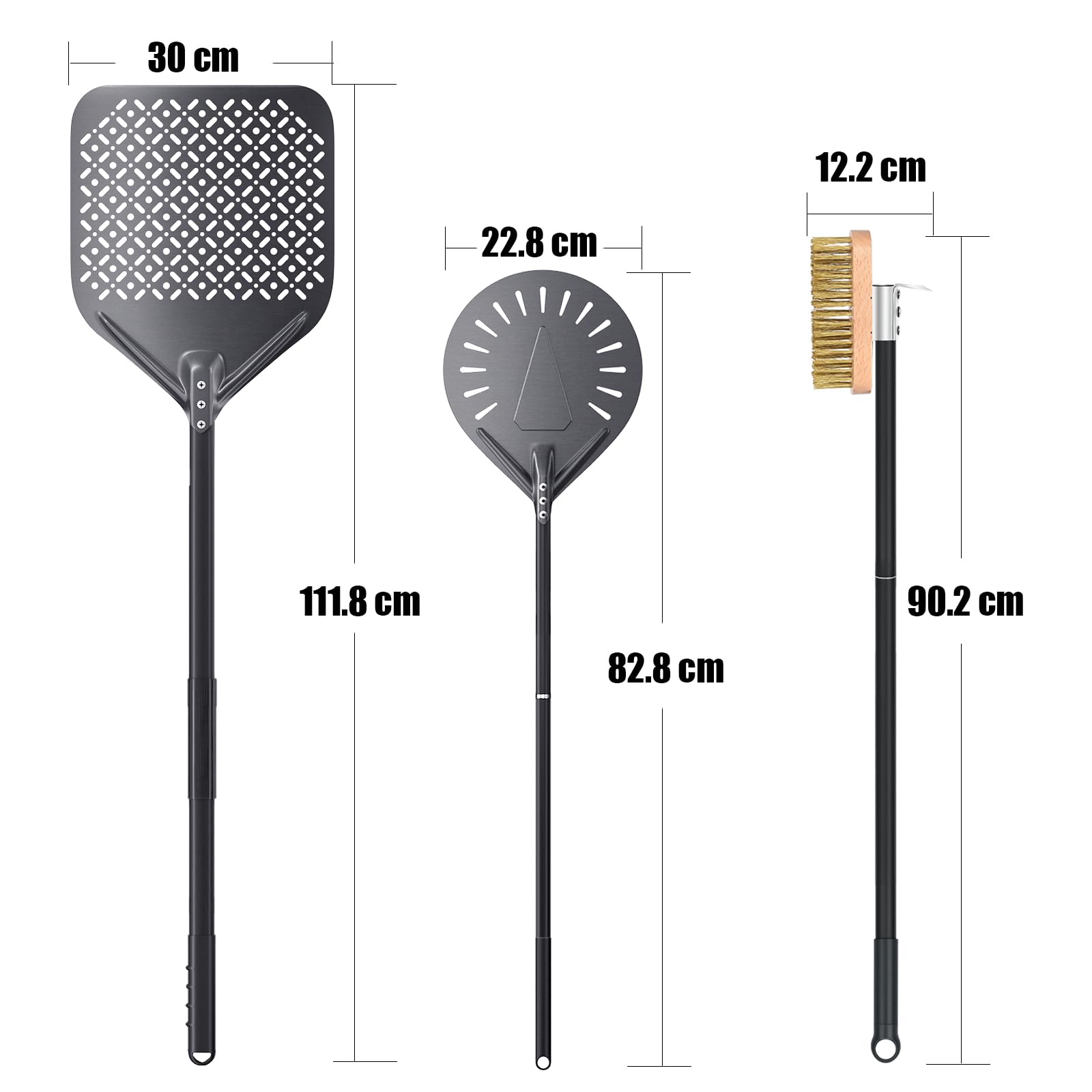 30 x 112 cm Rechteckiger Pizzaschieber 23 cm Pizzaschaufel aus Hart Eloxiertes Aluminium, 3er Pizzaofen-Set, Pizzaofenbürste, Holzofen Pizzaofen Zubehör für Zuhause, Restaurant