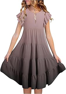 Vestido de verano para niña, vestido de verano para niña, con degradado, cuello redondo, mangas con volteo, vestido informal de línea A, transpirable, cómodo, juguetón, para niños