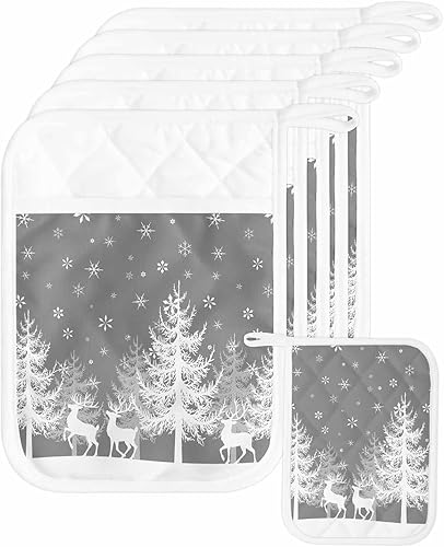 Winter Elk 5Pcs Pot Holders for Kitchen,Non Slip & Heat Insulation Terry Cloth Potholder Set with Pocket,Thick Hot Pad Oven Mitts Trivet Coaster for