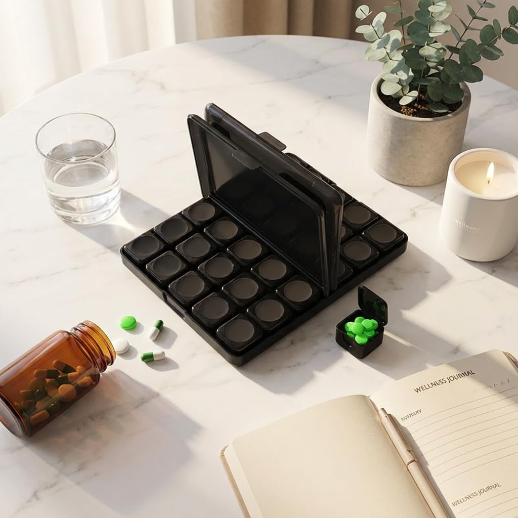 POPCUBE 30 Days Medicine Organizer Box Monthly Pill Case with Left & Right 15 Removable Compartments, Slim Water-Resistant Tablet Storage with Easy-Open Lids, Large Capacity Pills Container (22×18×2.5 cm) (Black) 4
