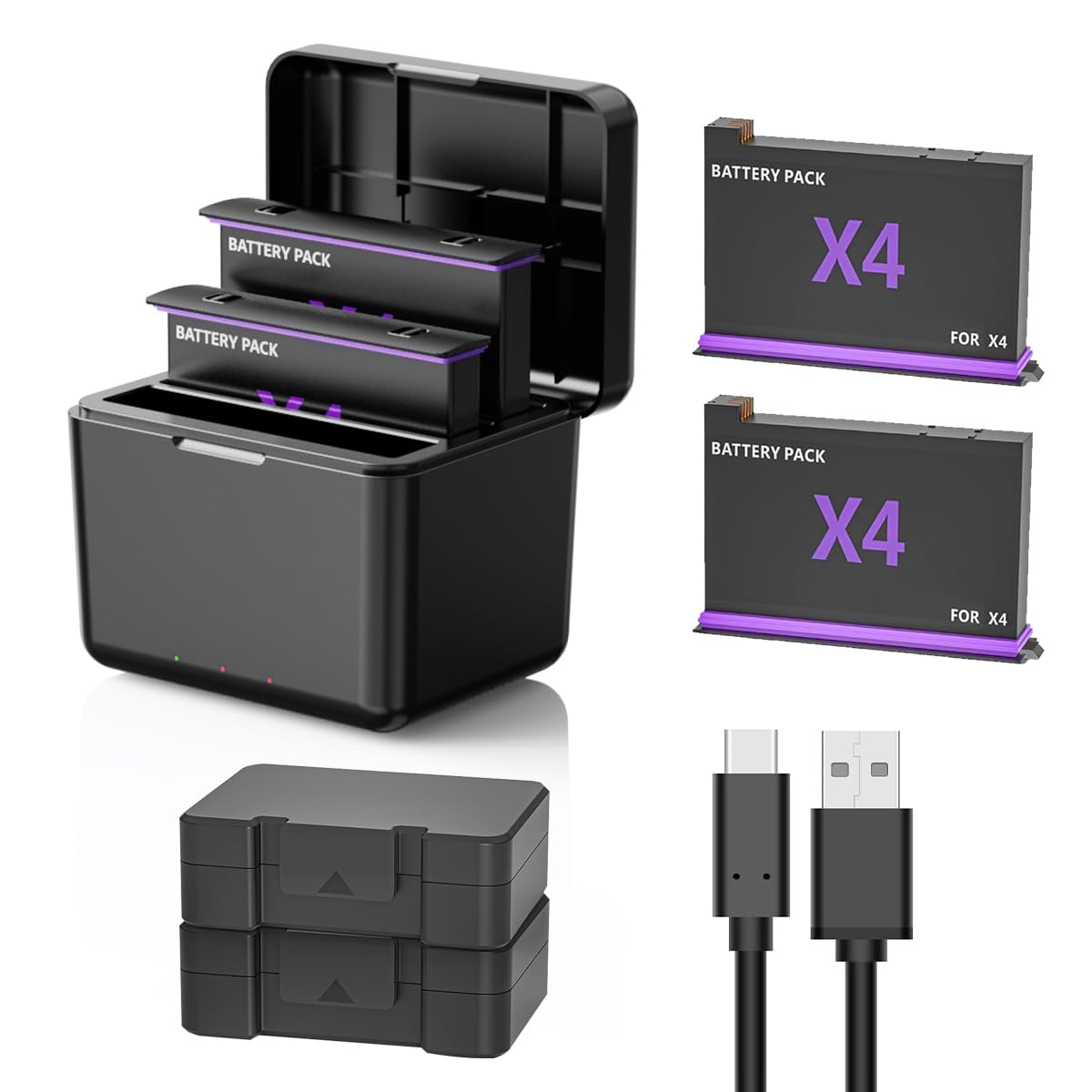 360 X4 Battery 2- Packs with Fast Battery Charger Campatible with 360 X4 Battery 2500mAh,Quick Portable 2 Channel Battery Charging Storage Station with Misro SD Card Accessories Slots