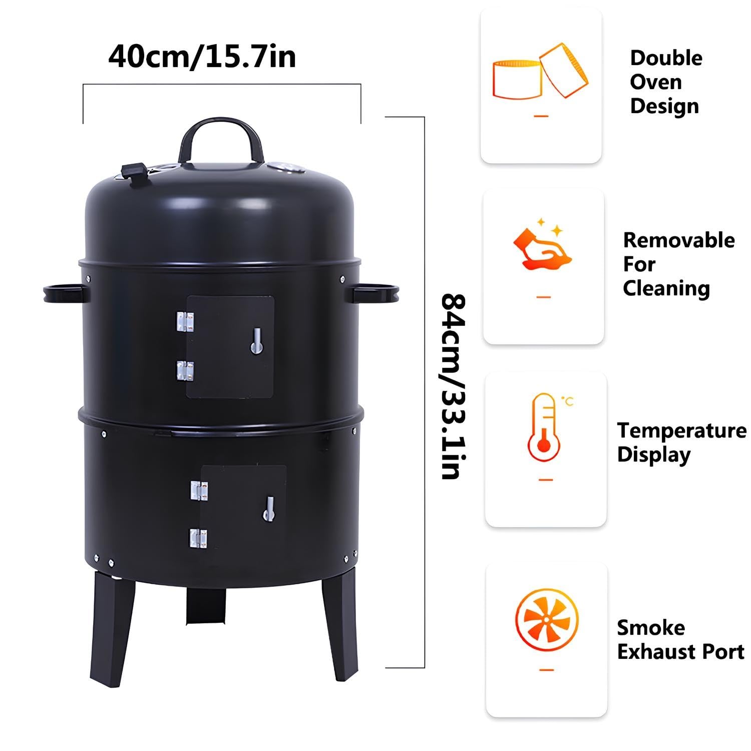 Ahumador Vertical De Carbón, Barbacoa De Carbón Redonda 3 En 1, Parrilla De Carbón Portátil De Acero con Dos Zonas De Cocción Y Termómetro para Camping Y Picnic