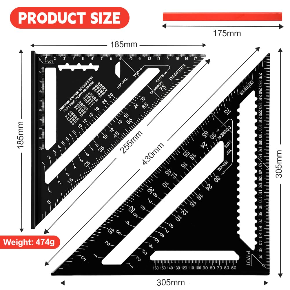 Équerre de menuisier multifonction 180 mm en aluminium, règle avec