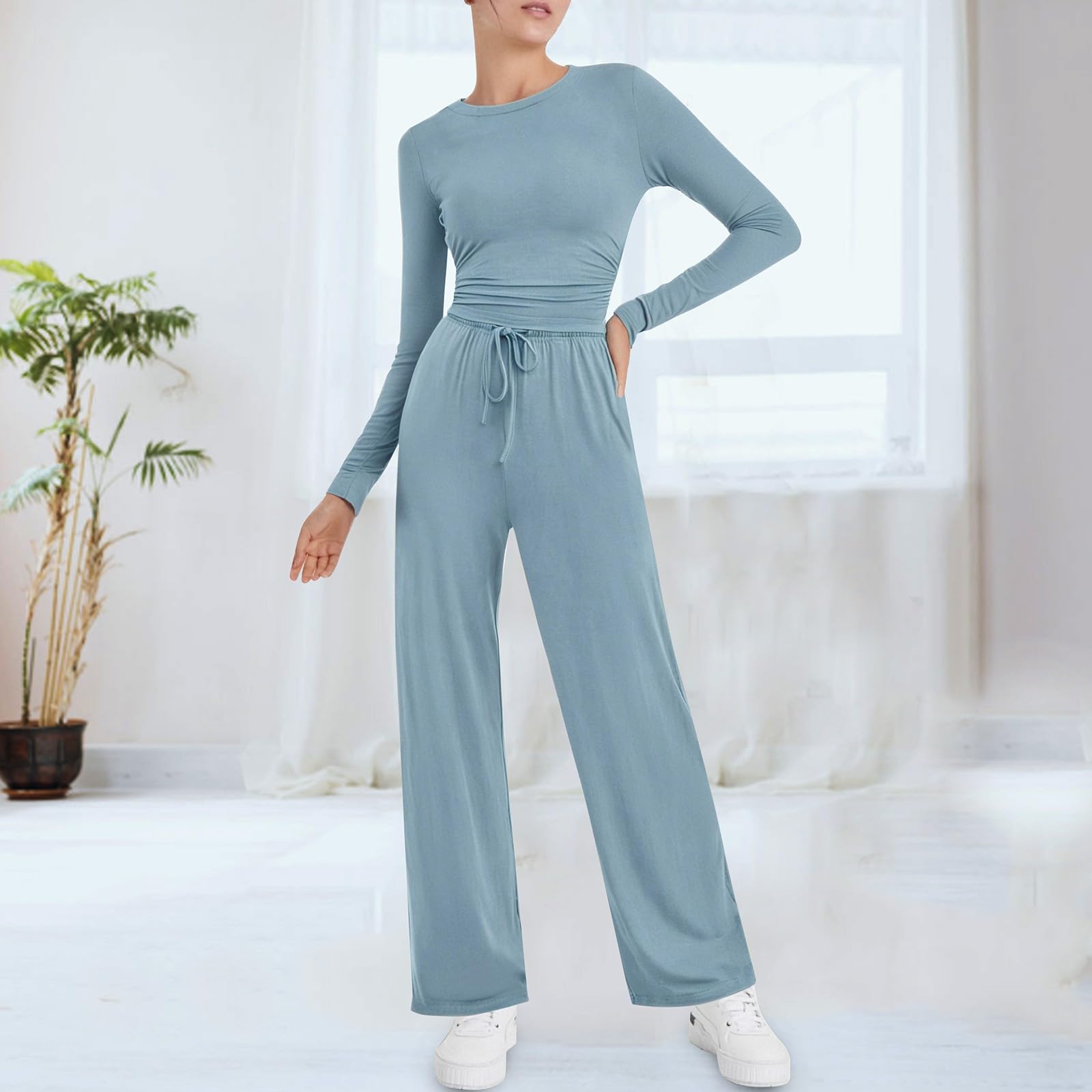 Loungewear - Pigiama da donna in due pezzi, elegante, slim fit, a maniche lunghe, con gamba larga, set da 2 pezzi, tuta da notte per il tempo libero