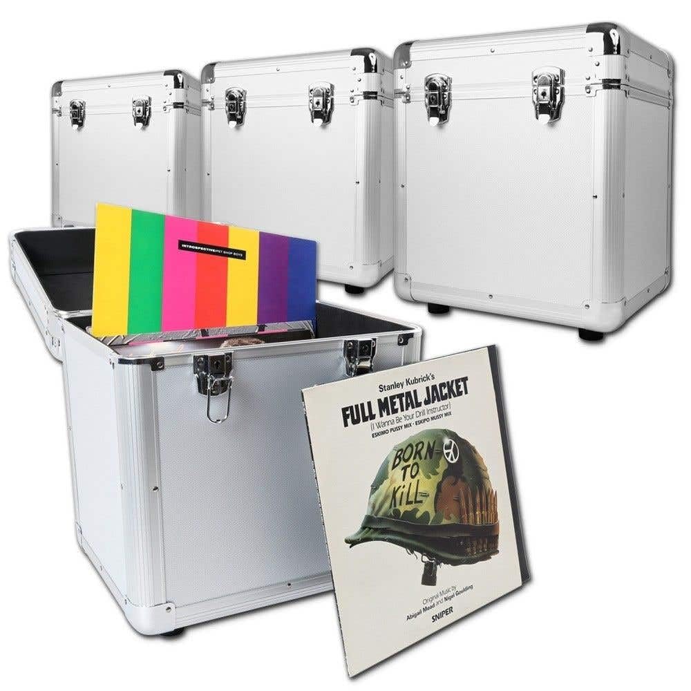 Power Dynamics RC100 Set de 4 Estuches Plateados para vinilos de 12", Capacidad Total Aprox. 300 Discos LP, Acolchados, con Tapas Desmontables y Cierre metálico, protección Segura