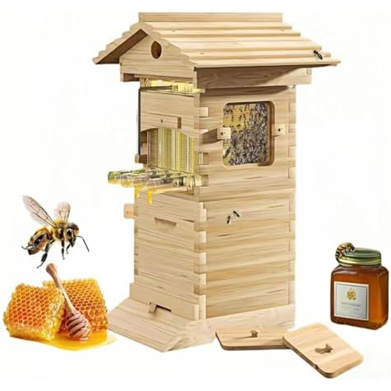 Kit de démarrage de ruche avec 4 cadres et 6 plateaux en nid d'abeille, boîte complète en bois d'apiculture avec fenêtre d'observation et bec à miel, pour pollinisateurs de jardin
