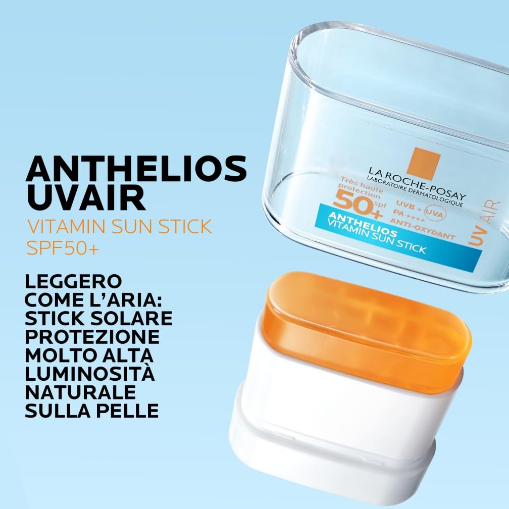 La Roche Posay Anthelios UVAir Stick SPF50+, Per Tutti i Tipi di Pelle, Alta Protezione dai Raggi UV, Anti-Inquinamento, Finish Ultra Leggero e Luminoso, Con Vitamina E, 10ml