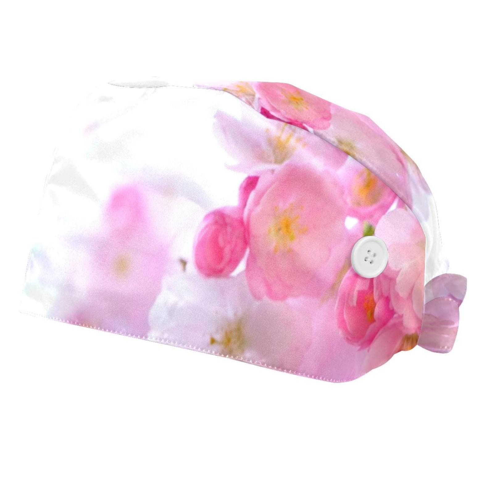 HonYea Blossom Pink Flower Adjustable Working Caps 2 Pack Bouffant Hats with Buttons Women Men one Size
