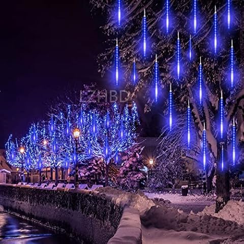 LED Falling Rain Lights Waterproof LED Meteor Shower Lights 30 cm 8 Tube, Falling Raindrop Christmas Lights Cascading Icicle String Lights for Home Decor, Upgraded, Blue Cover