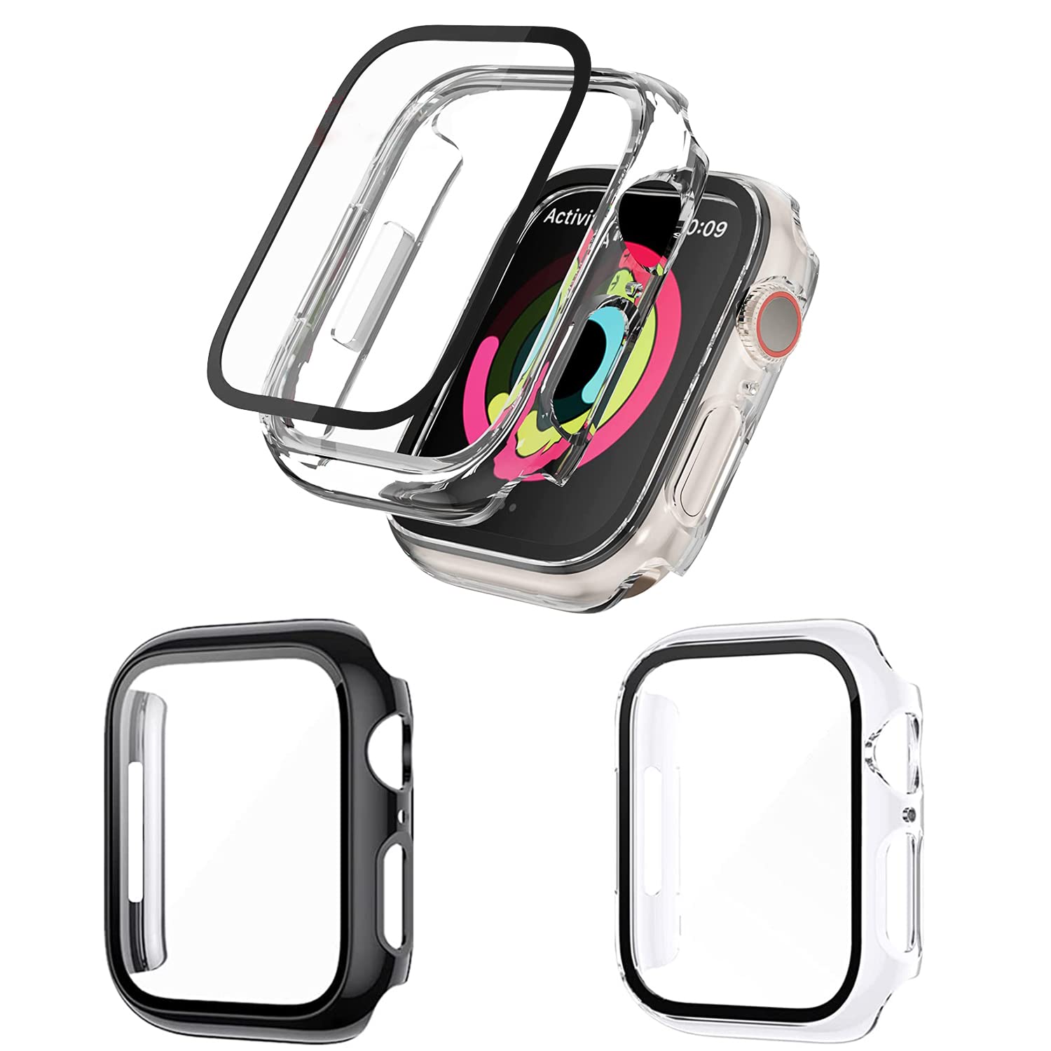 YIKUI Hard PC Cases Compatible with iWatch Series 7 45mm, Built-in HD Clear Ultra-Thin Tempered Glass Screen Protector, Full Cover Protective Case Accessories for Women and Men (2 Pack) Black+Clear