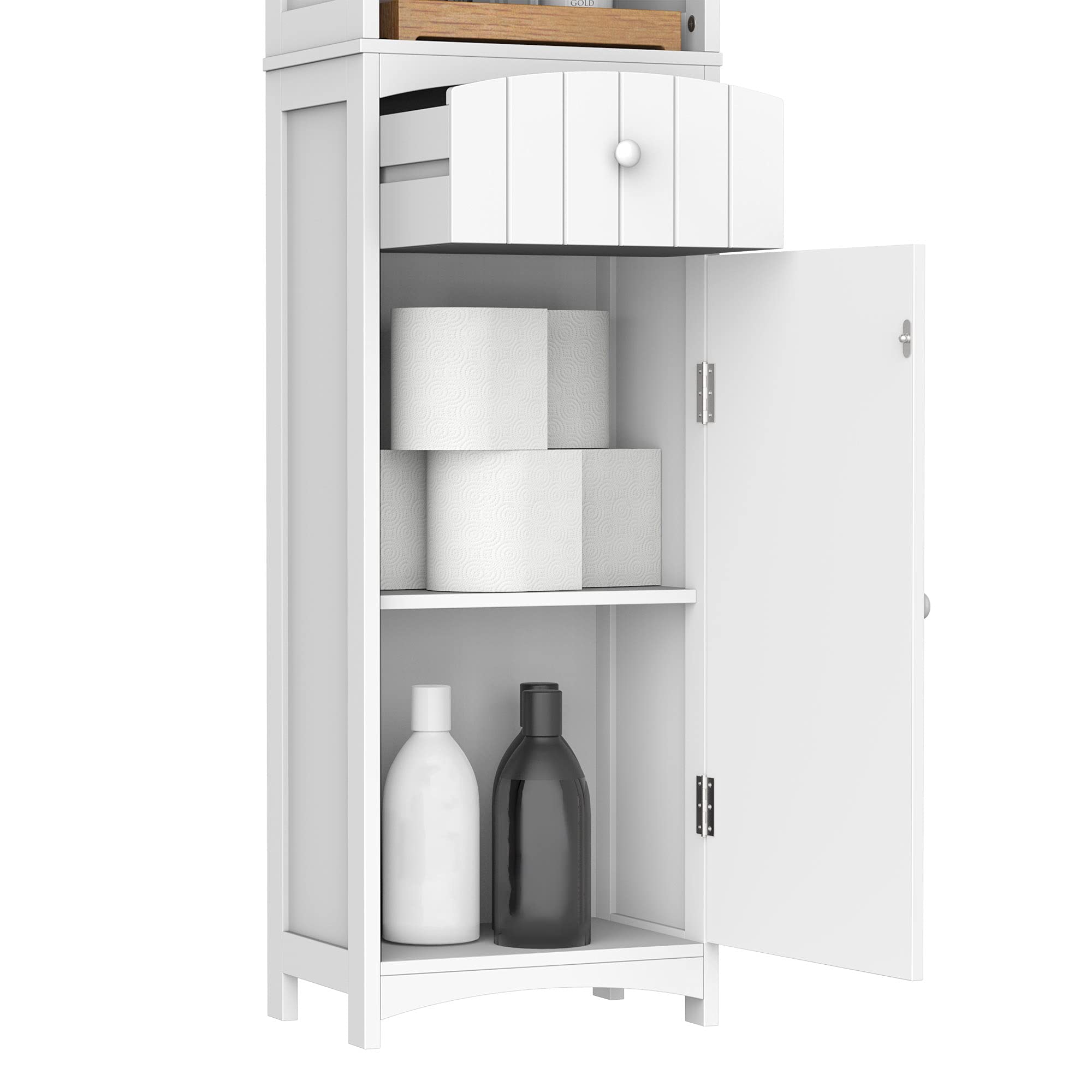 HOMCOM Armario Alto de Baño Estrecho 1 Cajón Moderno 34x24x170 cm Blanco | 3 Estantes Abiertos, Columna de Baño, para Salón, Aseo, Cocina
