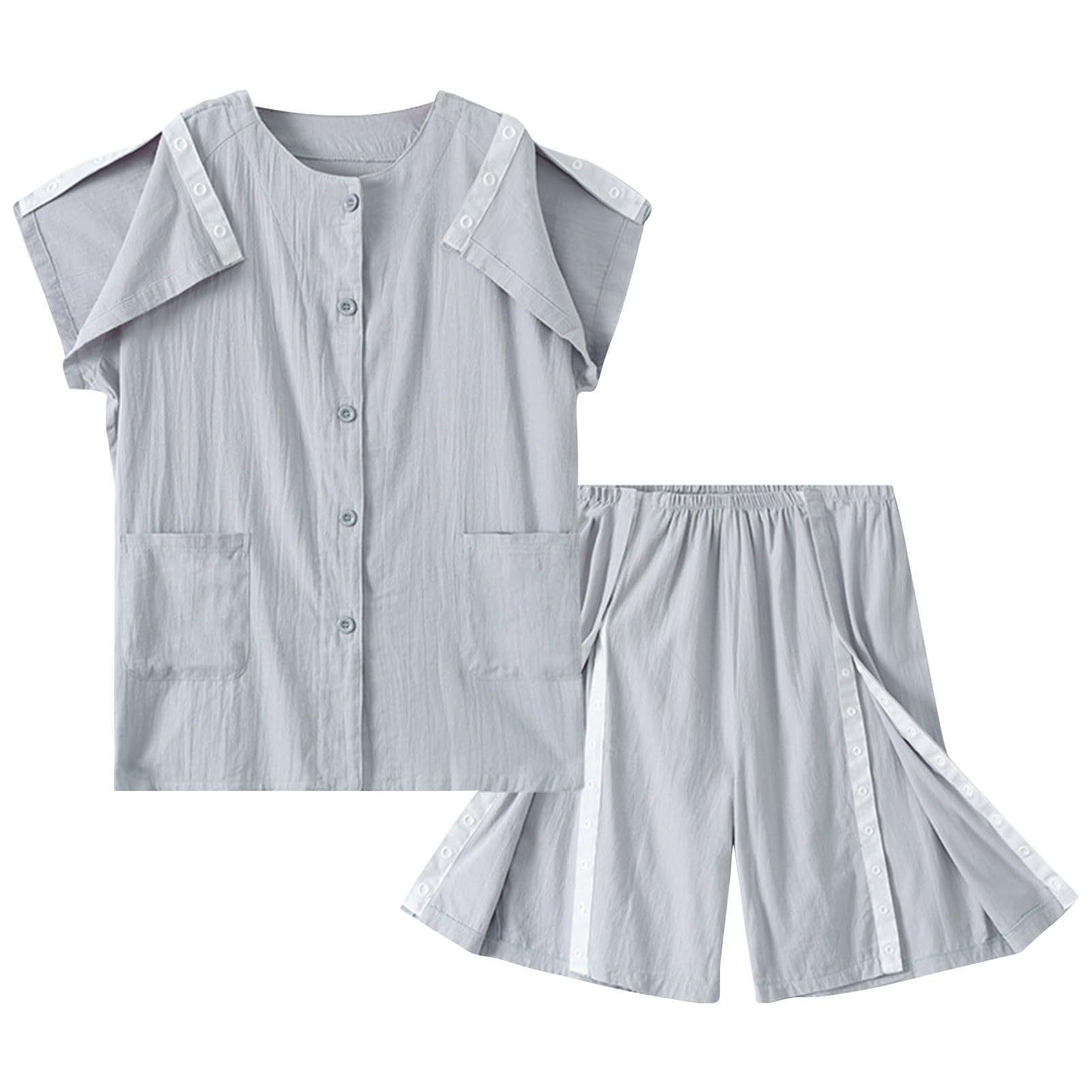 Ropa de cama de fractura de manga corta para mujeres y hombres, rehabilitación postoperatoria, completamente de algodón, conjunto cómodo para poner y quitar pantalones cortos de dormir para