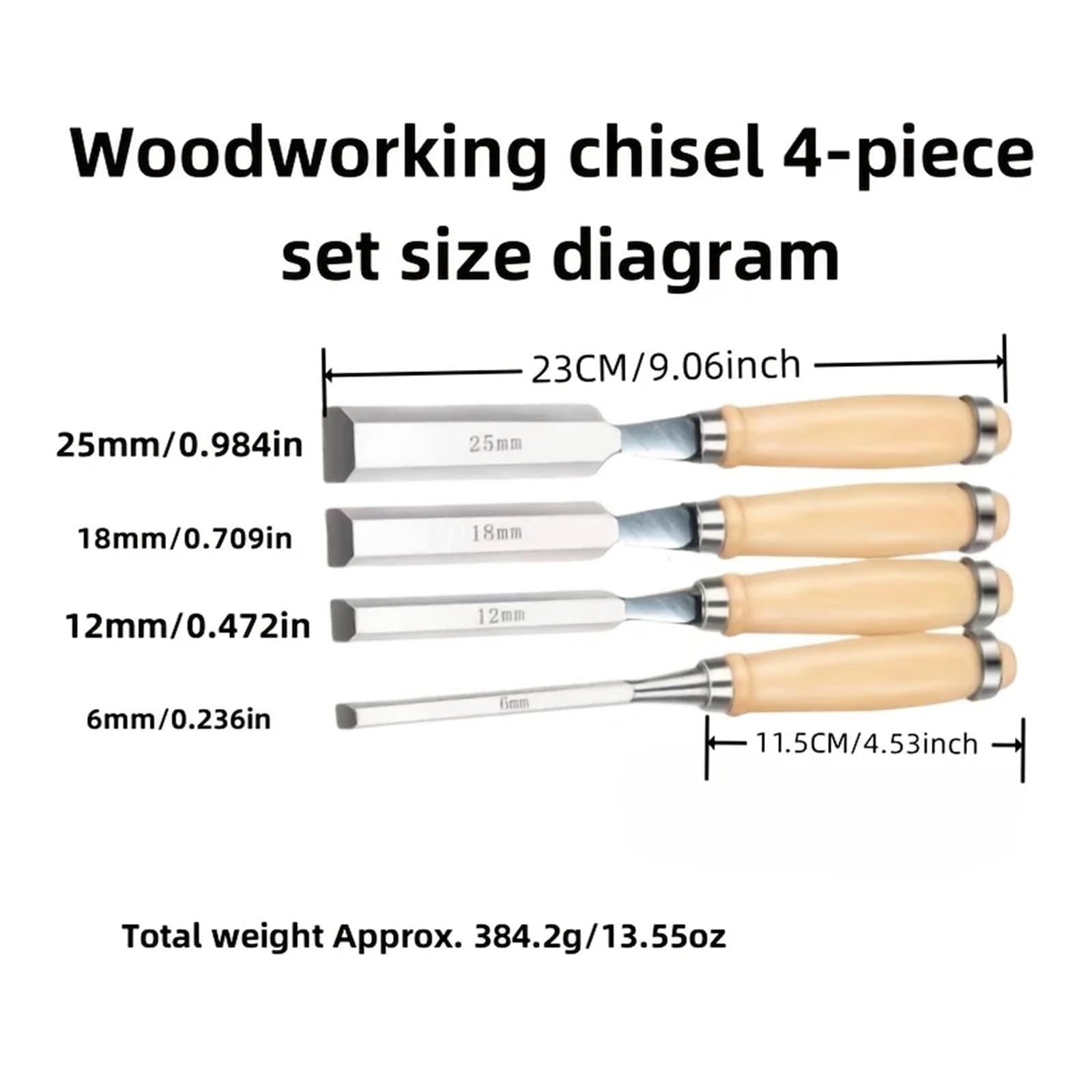 Set Di 4 Scalpelli for La Lavorazione Del Legno, Lame Smussate Da 6/12/18/24 Mm, Acciaio Al Cromo Vanadio, Manico In Massiccio