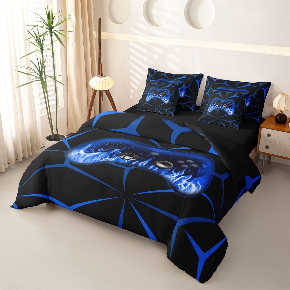 Homemissing Set copripiumino per letto king size, 7 pezzi, motivo videogiochi 3D, 1 copripiumino, 1 lenzuolo piatto, 1 lenzuolo con angoli, 2 federe, 2 federe