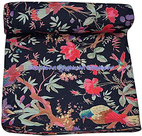 Image of Indian Hand-Block Printed Jaipuri Print Tropical Paisley Floral Ethnic Sanganer Kurti Print Cotton Fabric (Black Bird, 3 Yards)