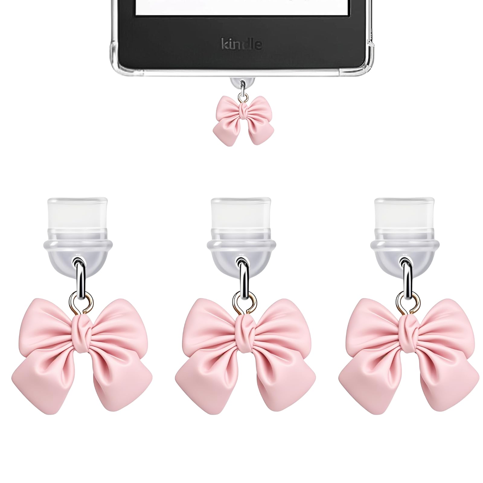 3Pcs Charms for Kindle, Pink Bow Dust Plug Charm Compatible with Kindle with Type C Charging Port, Coquette Gift for Book Lover Reader Men Women