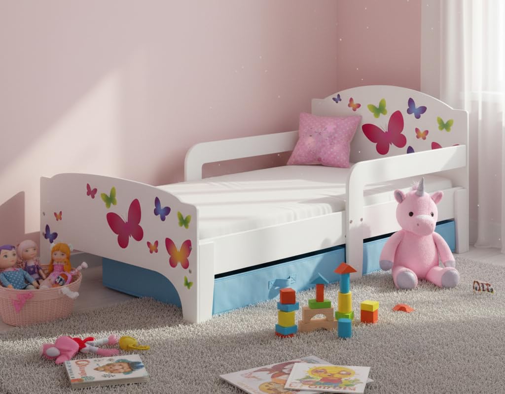 leomark Smart Cama Infantil de Madera - Mariposa - Marco de Cama, Colchón y Cajón, robustro Cómodo Dormitorio Impresa, Muebles para Niños, Espacio para Dormir: 140/70 cm