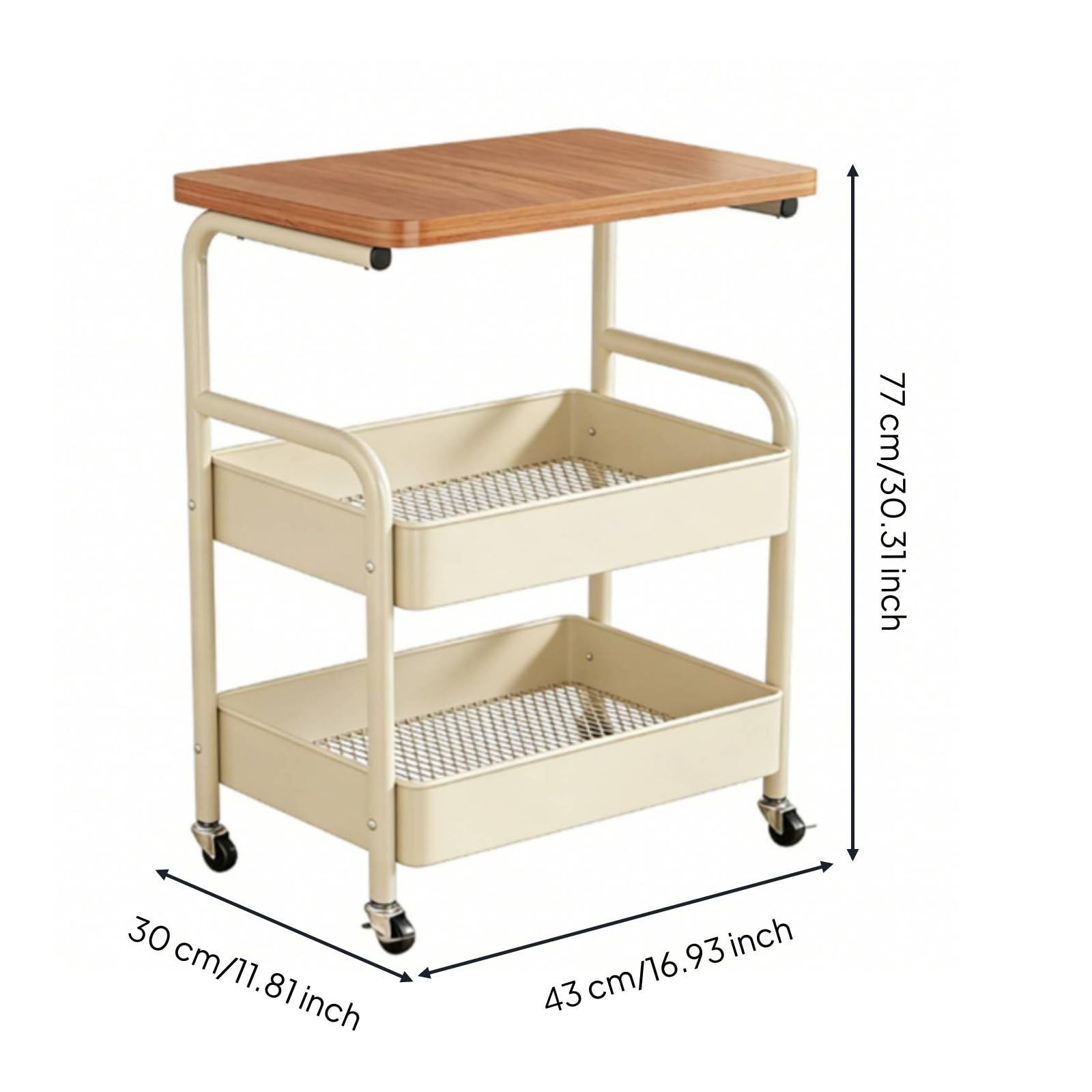 kowaku Carrito de Almacenamiento Rodante Multifuncional Organizador con 3 Estantes Mesa Auxiliar con Ruedas Universales y Freno Metal Resistente y Tablero E1, Blanco Crema