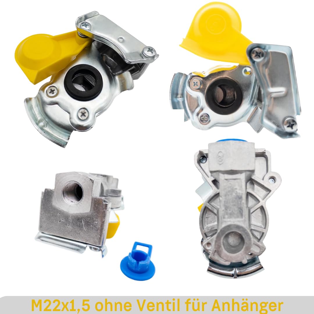 Luftwendel M22 mit Roter und Gelber Plastikschutz, Kupplungskopf mit Ventil & Ohne Ventil Inkl. M22 Kuppelhilfe, Druckluftwendel, Druckluftschlauch für Lkw, Traktor, Nutzfahrzeuge, Agrar