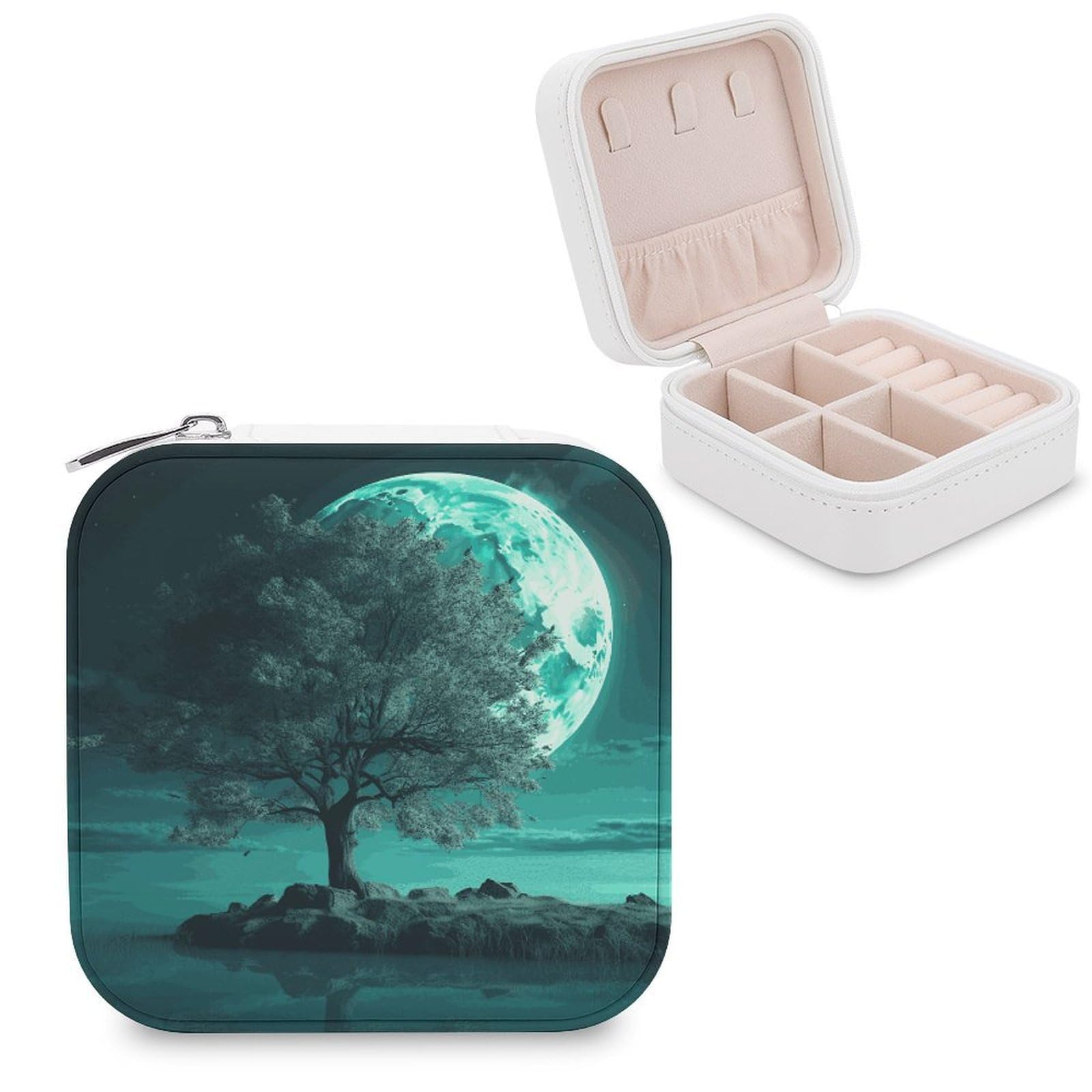 MUSM Teal Tree in Moonlight Travel Jewelry Case Personalized PU Leather Jewelry Boxes for Women Small Portable Jewelry Organizer Box Cute Trinket Box for Necklaces Rings Earrings & Gifts