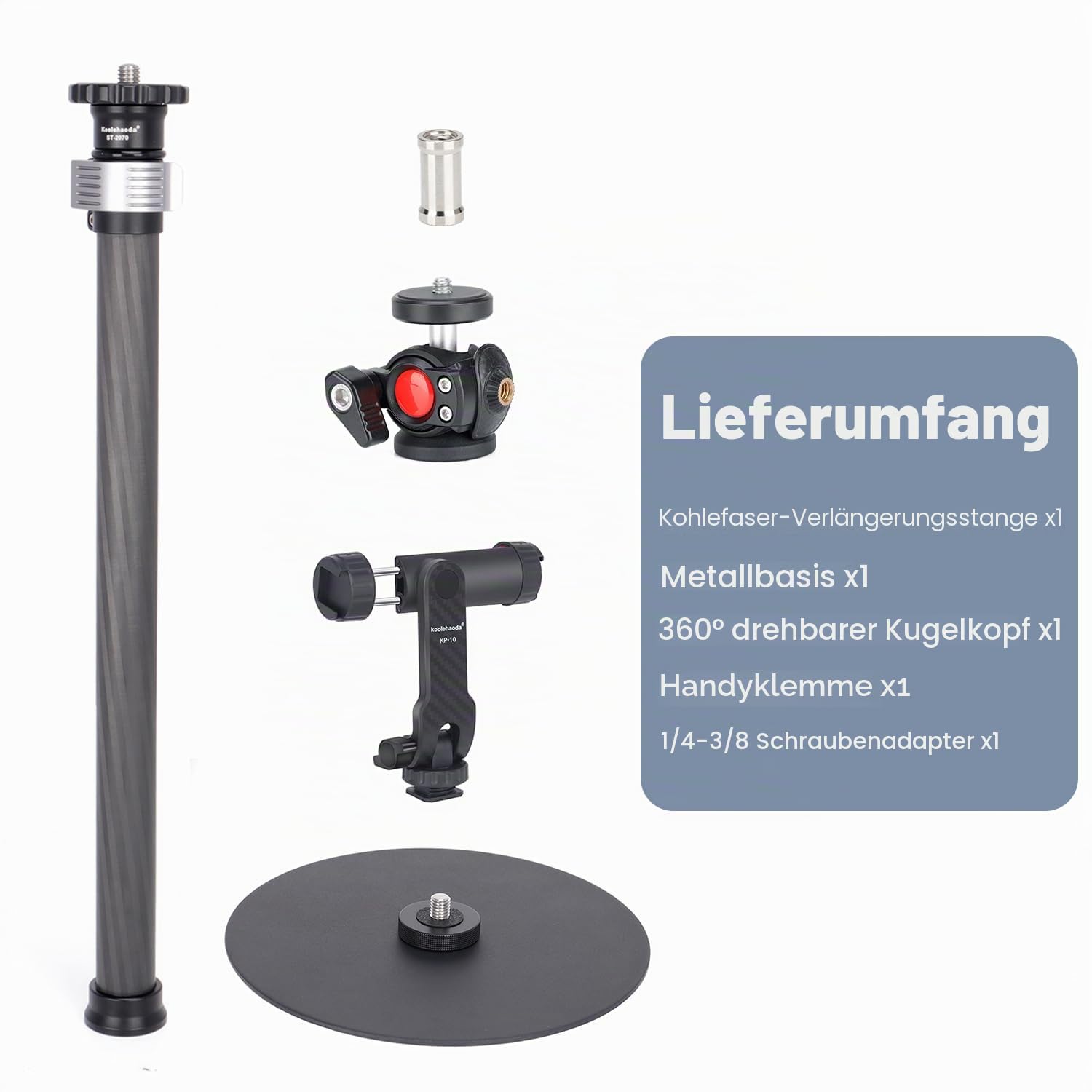 Koolehaoda Stativ-Ständer, ausziehbares Einbeinstativ, Kohlefaser-Stange mit runder Basis für Schreibtisch, 360° drehbarer Kugelkopf, Tisch-Webcam-Ständer für DSLR-Kamera, Licht, Webcam