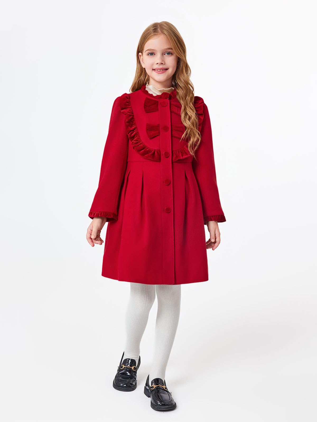 Haloumoning Cappotto invernale da bambina con volant e bottoni, con fiocco, lungo, con tasche, 3-12 anni