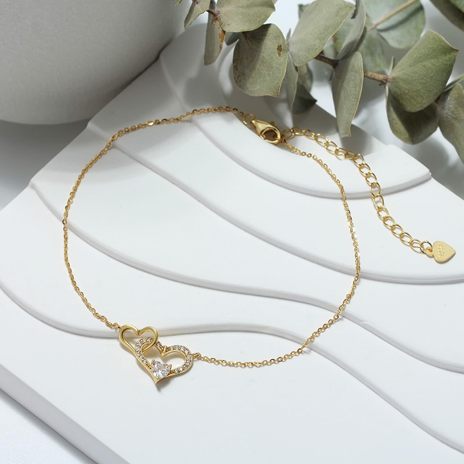 Cavigliera da donna a forma di cuore, in argento 925 con cuore e zirconi, regolabile argento/oro con scatola